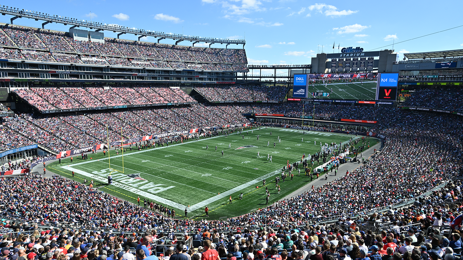 A packed Gillette Stadium on a sunny Patriots game day.