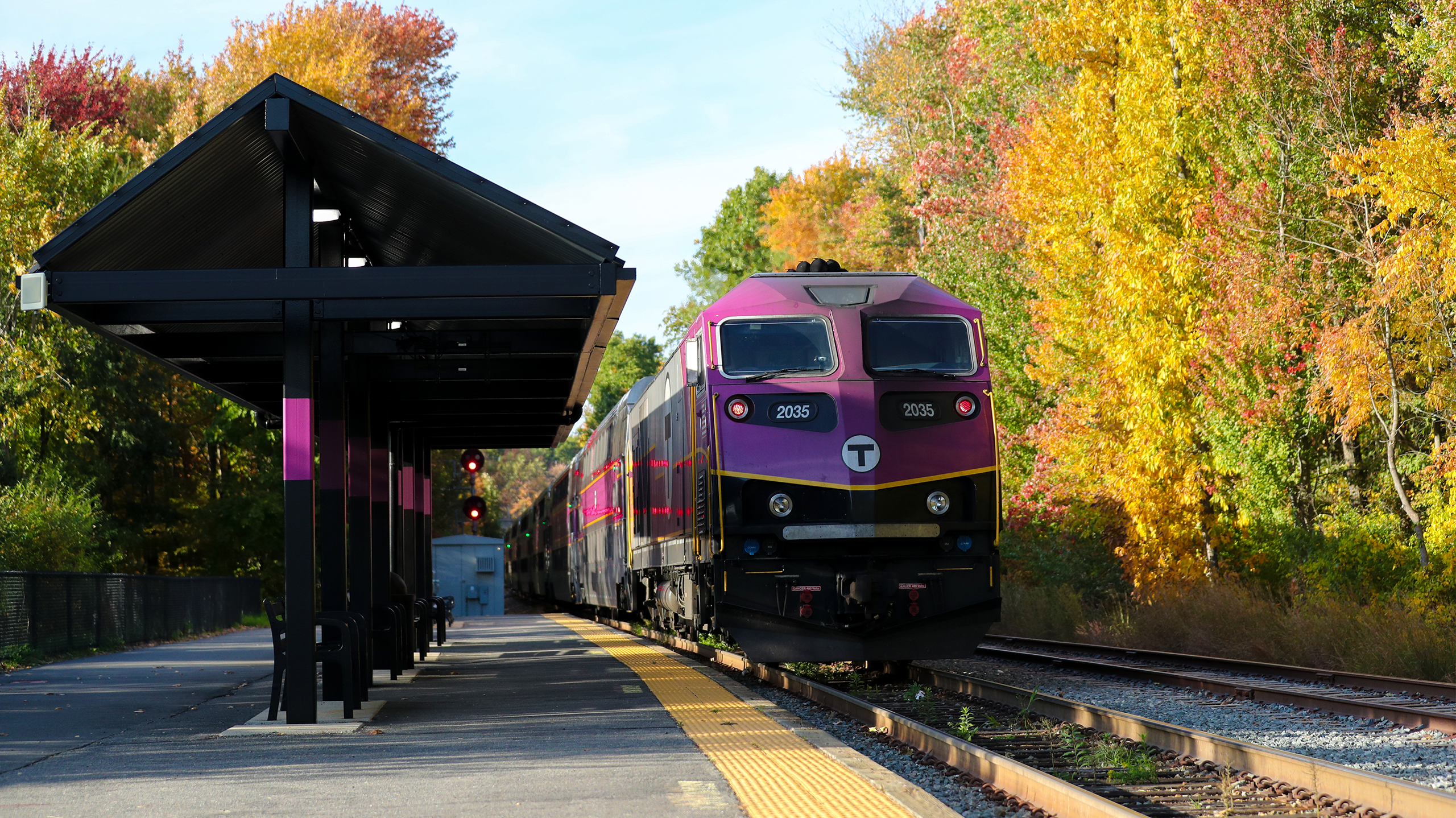 MBTA train arriving to the station.