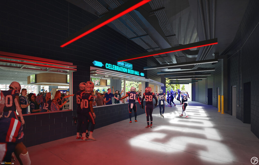Fans in the Celebration Beer Hall cheering on Patriots players on a game day.