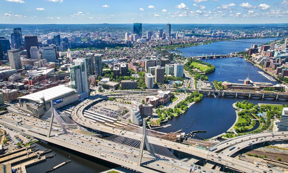Aerial view of the city of Boston's highway.
