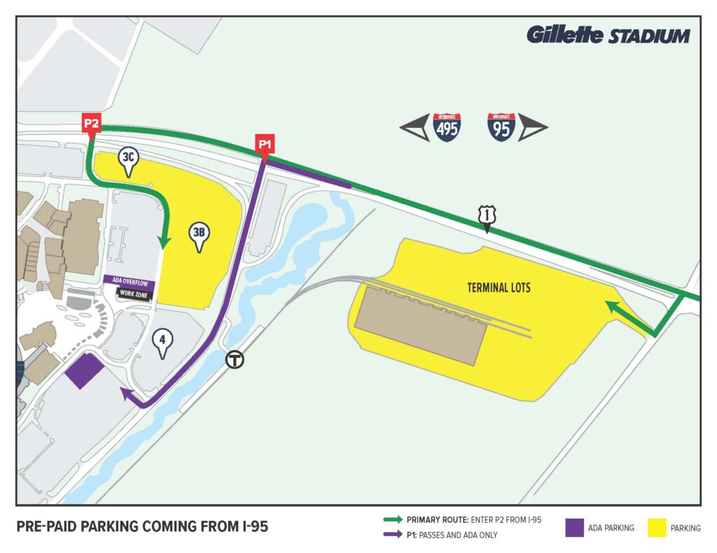 Prepaid parking coming from I-95 to get to Gillette Stadium.