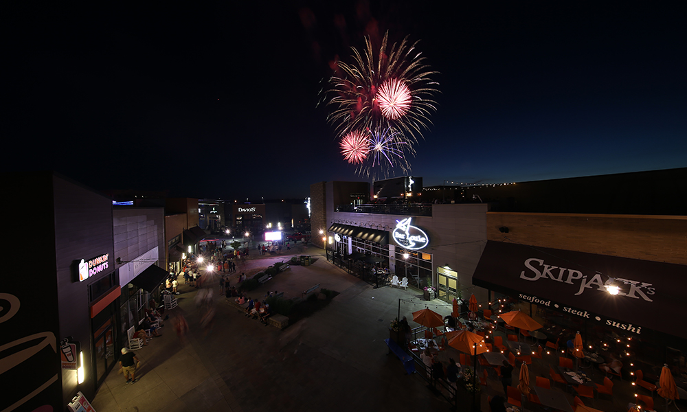 Fireworks at night in Patriot Place.