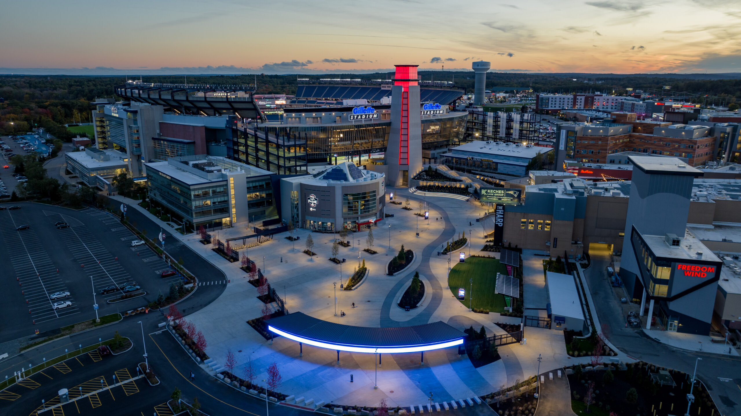 Aerial of the Gillette Stadium Lighthouse.