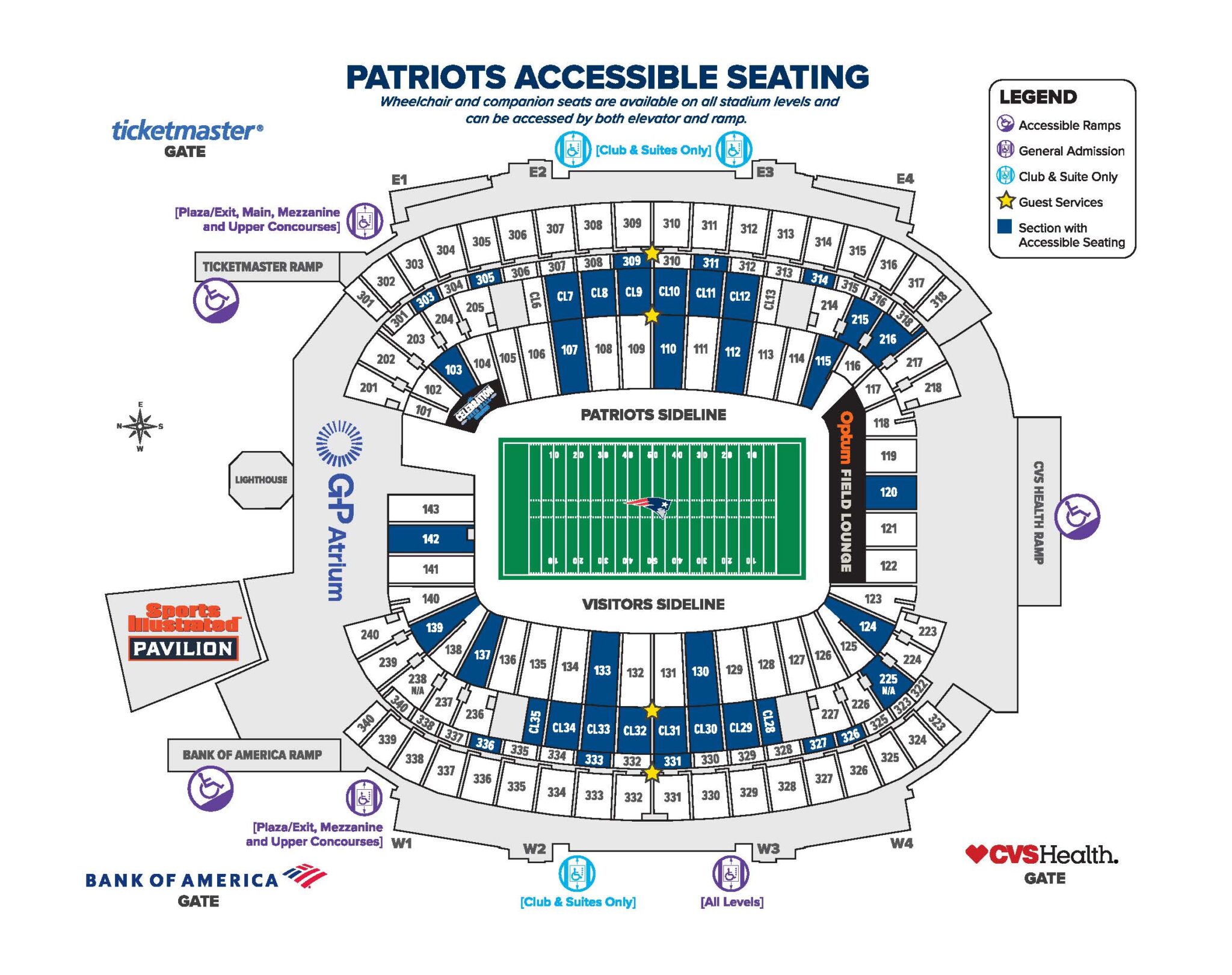 Gillette Stadium map of accessible seating on Patriots game days.
