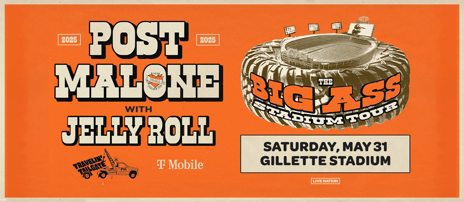 Post Malone for the Big Ass Stadium Tour with Jelly Roll on May 31 at Foxborough.